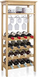 SMIBUY Wine Rack with Glass Holder & Table Top, 16 Bottles Storage, Floor Free Standing Bamboo Display Shelves for Home, Kitchen, Pantry, Cellar, Bar (Natural)