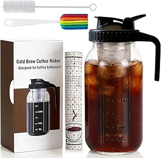 Cold Brew Coffee Maker, 64oz Cold Brew Pitcher with Stainless Steel Filter & Coffee Mat, Glass Cold Brew Mason Jar with Airtight Lid, Cold Brew Brewer Kit Tea Infuser Pitcher, Gifts for Coffee Lovers