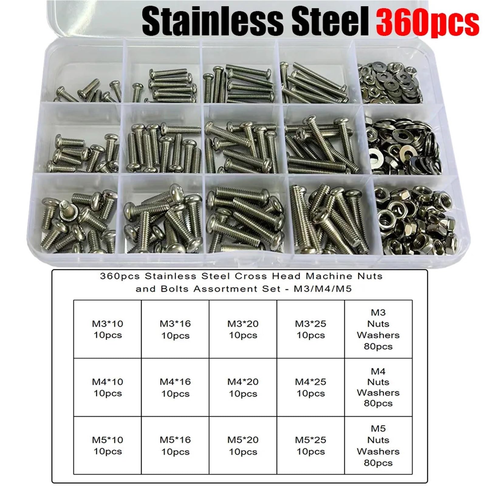 Juego De Tornillos Y Tuercas Juego de tuercas y pernos for máquina cruceta acero inoxidable 360 ​​piezas, que incluyen M3, M4, M5, for aplicaciones industriales científicas