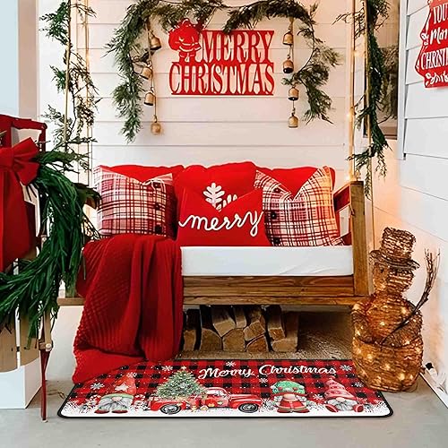 Miniatura 4 de Juego de 2 alfombras y tapetes de cocina de Navidad con diseño de camión rojo a cuadros de búfalo, gnomos de árbol de Navidad, nieve, invierno,