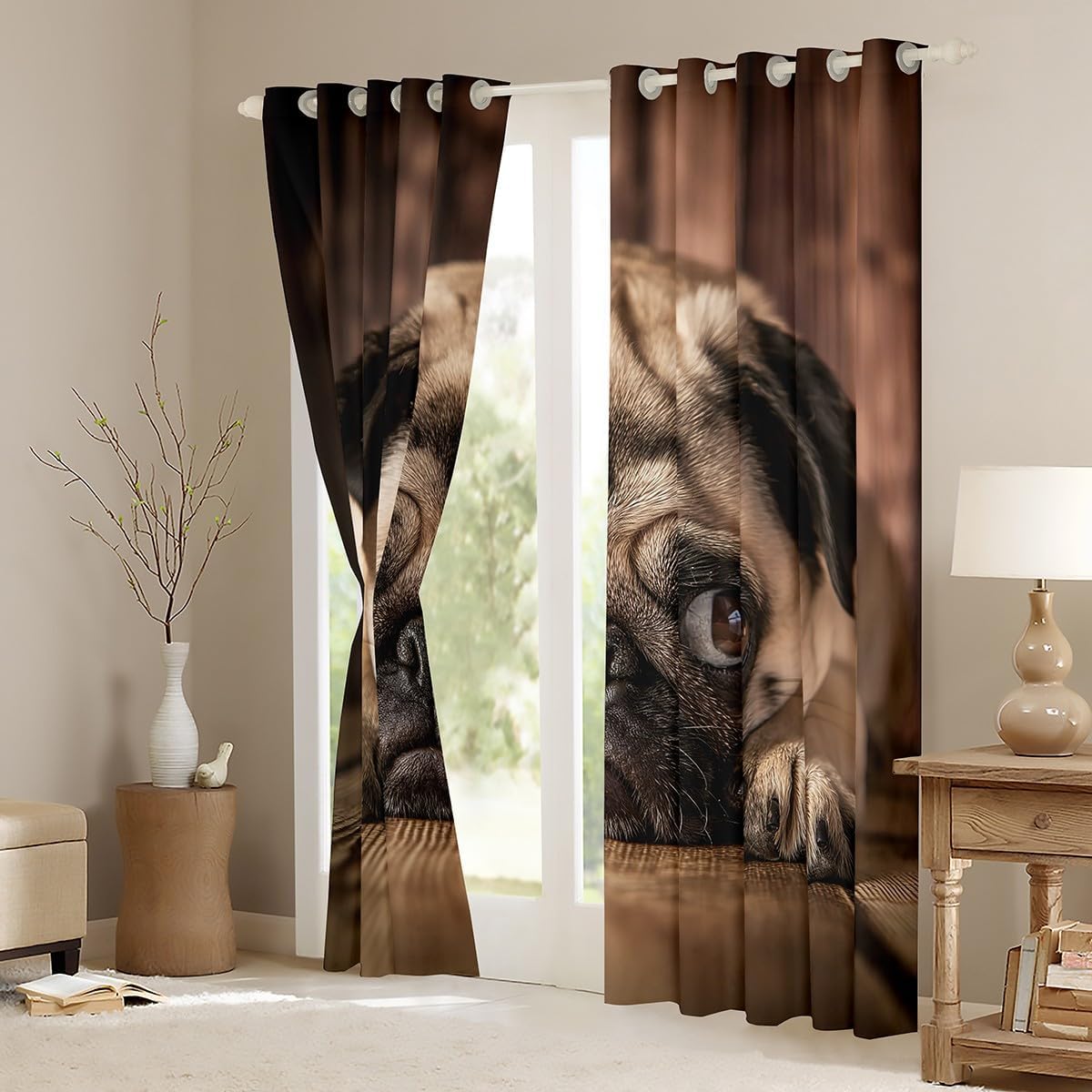 Erosebridl Cute Puppy Thermal Drapes Pug Soft Print Decorative Curtains Domestic Pet Blackout Drapes Animal Breathable Window Treatment for Kids Boys Girls for Kitchen Cafe Decor 84"x63"