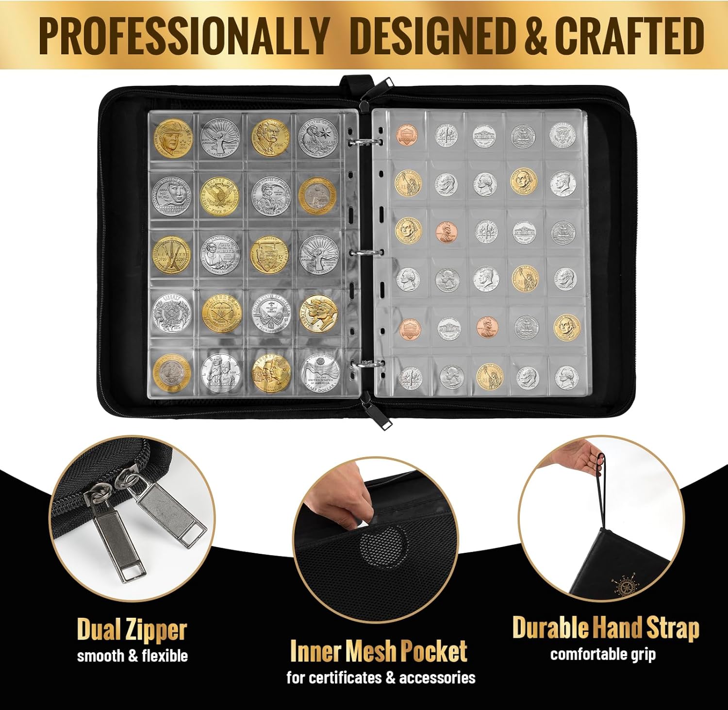 Coin Collection Book Holder for Collectors, Coin & Currency Album with 300 Coin Pockets & 24 Bill Pockets, Collecting Organizer Supplies PU Leather Display Storage Case with Zipper & Carry Strap