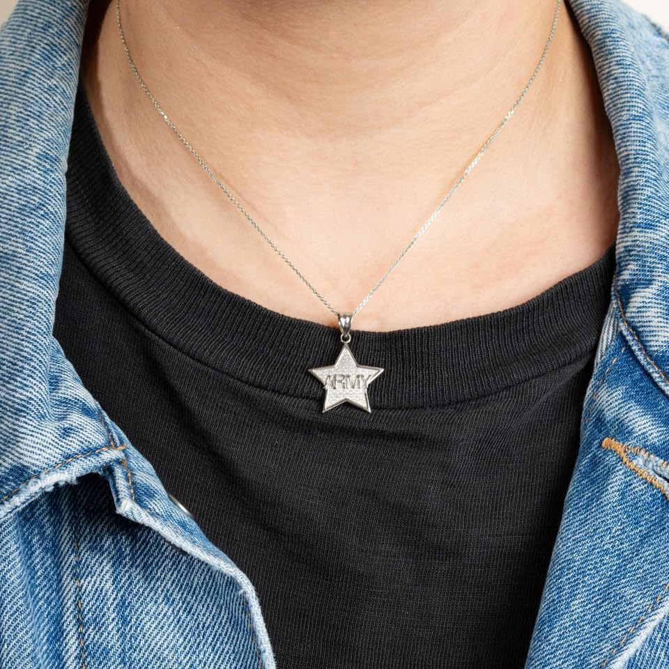 Claddagh Gold United States Army Officially Licensed Textured Army Star Fine Pendant Necklace Real Solid .925 Sterling Silver