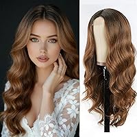 Vista 1 de Halcyon Peluca larga de color marrón degradado para mujer, peluca sintética de 26 pulgadas, peluca ondulada de color castaño medio, peluca de fibra