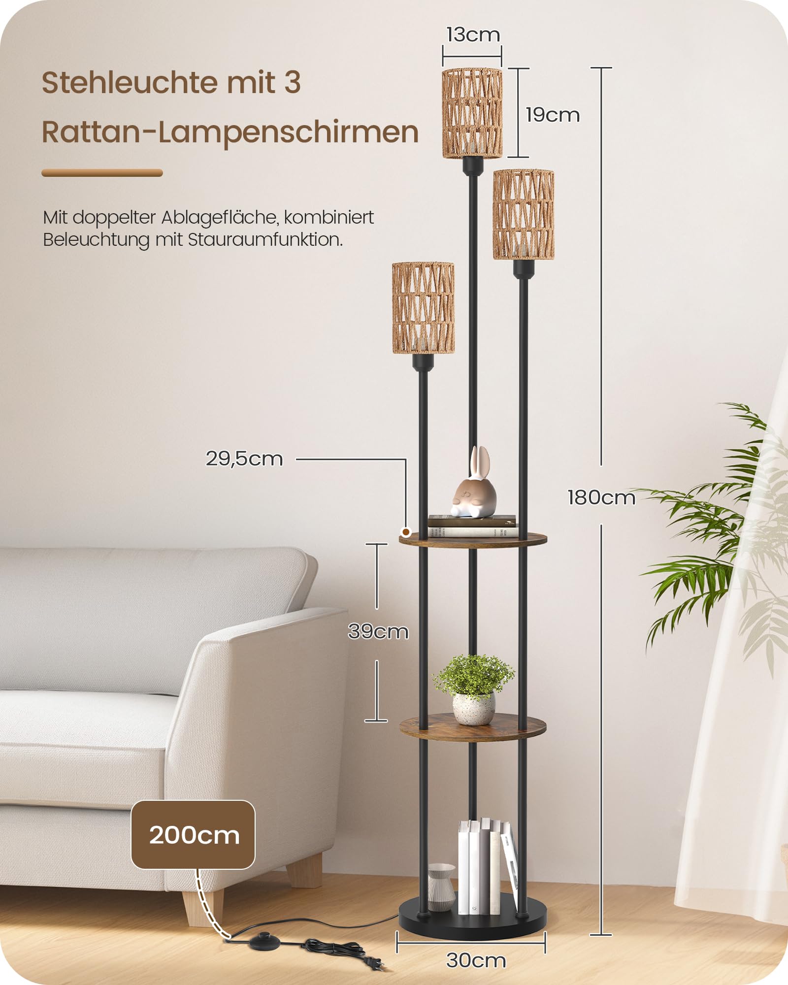 Stehlampe Wohnzimmer mit Ablage, 3-flammige Rattan Stehleuchte mit Regal Vintage, Boho Standleuchte aus Holz mit Fußschalter, E27 Fassung, retro rustikalbraun, moderne Regallampe ZYF53LDD05