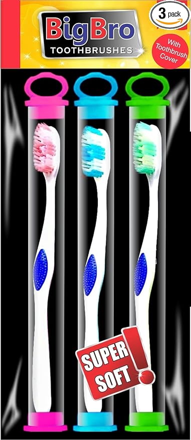 BigBro Toothbrush Soft Bristle with Cover and Tongue Cleaner for Adults Men and Women (Super Saver Pack of 3)