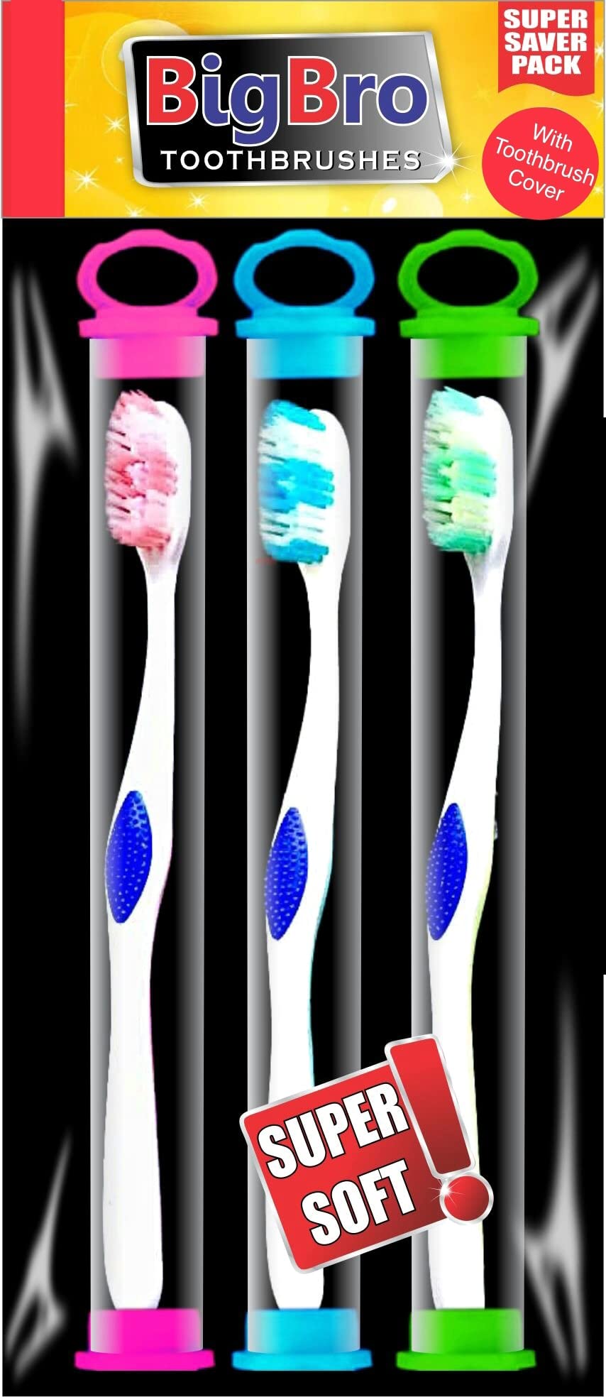 BigBroToothbrush Soft Bristle with Cover and Tongue Cleaner for Adults Men and Women (Super Saver Pack of 3)