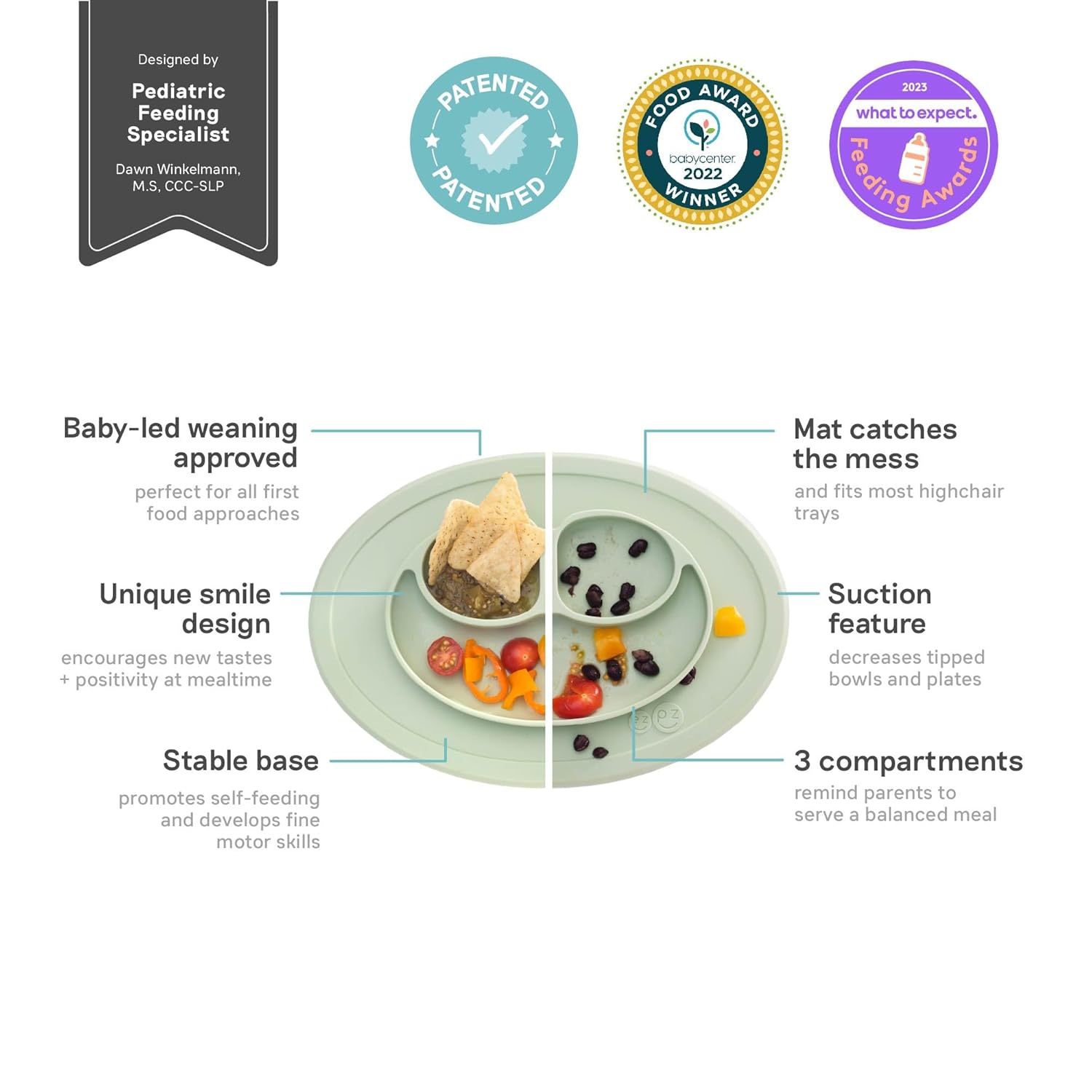 ezpz Mini Mat (Sage) + Mini Utensils (Fork & Spoon in Pewter) - Toddler essentials mat and spoon