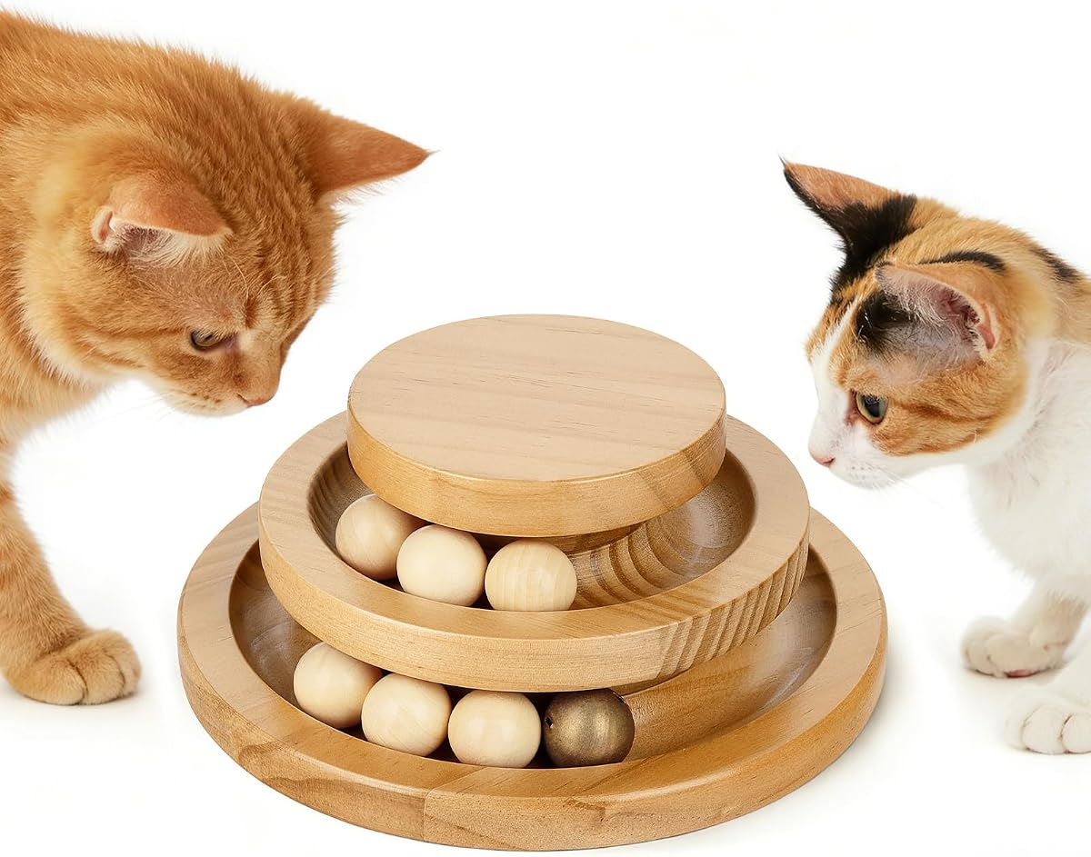 YooxArmor Cat Ball Track Toy para gatos, torre de madera de 3 niveles con 7 pelotas giratorias, juego interactivo en interiores para gatitos Ejercicio mental y físico