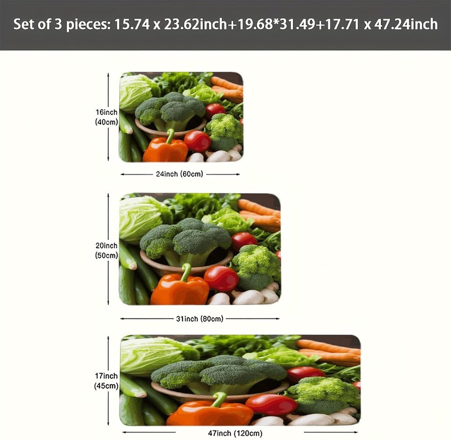 Nutritious Vegetables Kitchen Rugs Sets of 3 Washable Non Slip Kitchen Rug Water Resistant Carpet Piece Anti Fatigue Kitchen Mats Soft Comfort Standing Mat Modern Area Rug