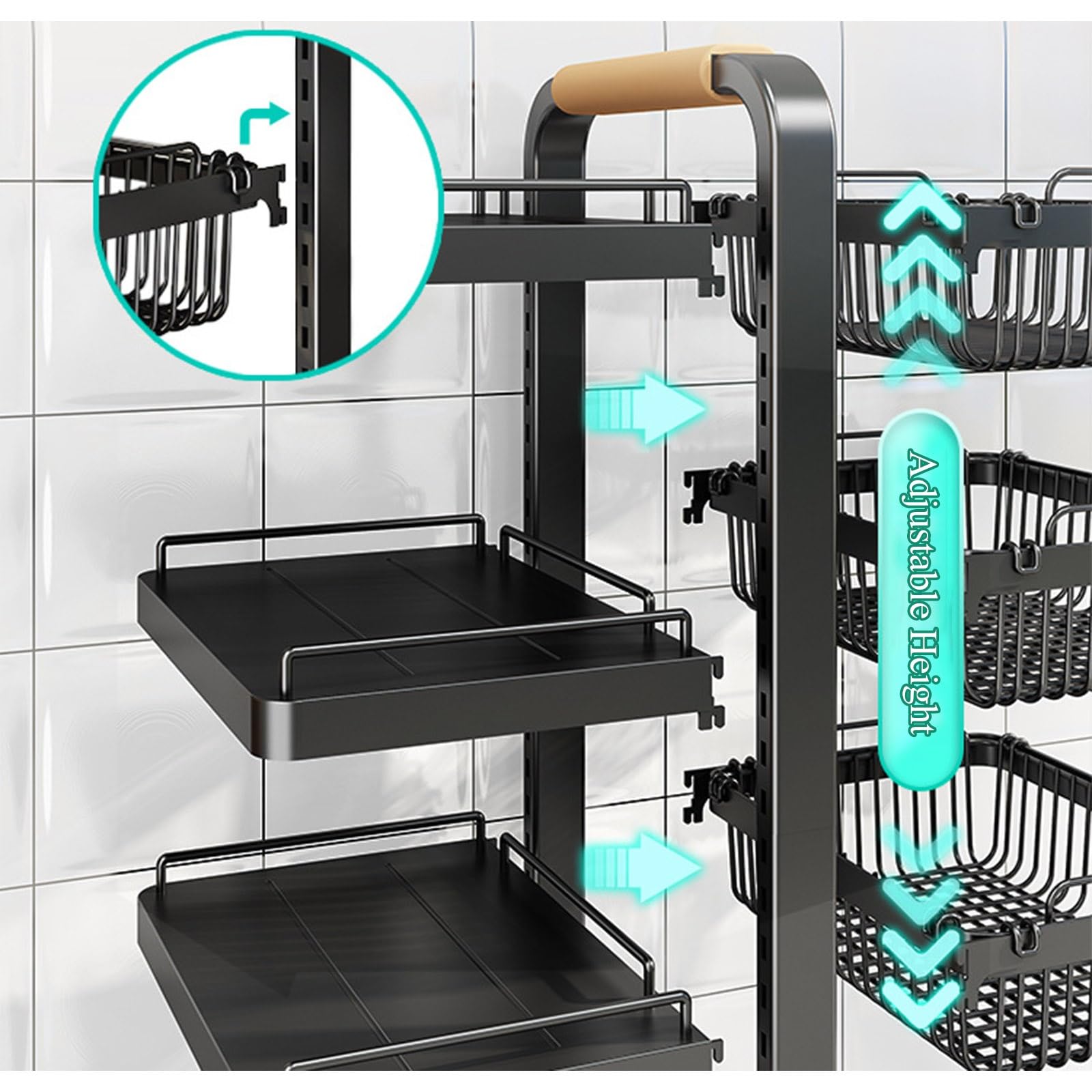 Rejilla ajustable para sartenes y ollas de 10 niveles con 6 bandejas, 4 cestas y ruedas, soporte para utensilios de cocina a presión, estante de almacenamiento de hierro fundido resistente para coci