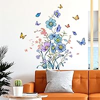 Vista 4 de Calcomanías de pared de mariposas y flores botánicas azules, calcomanías de pared de sacinora con plantas verdes, vinilo extraíble para despegar