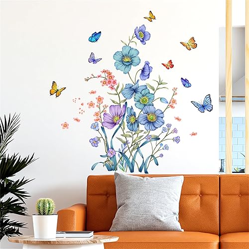 Miniatura 4 de Calcomanías de pared de mariposas y flores botánicas azules, calcomanías de pared de sacinora con plantas verdes, vinilo extraíble para despegar y