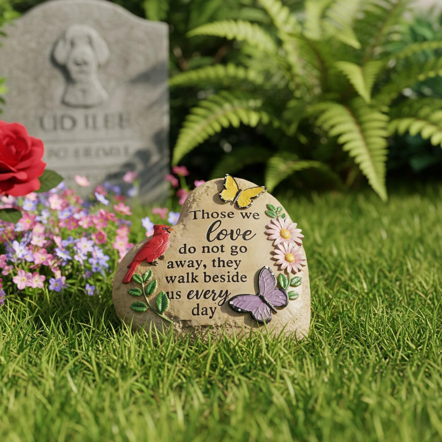 Memorial Garden Stone Cardinal Sympathy Gifts with Butterfly Flowers, in Memory of Loved One Gifts for Mother Father Cemetery Decorations for Grave Waterproof 6 inch
