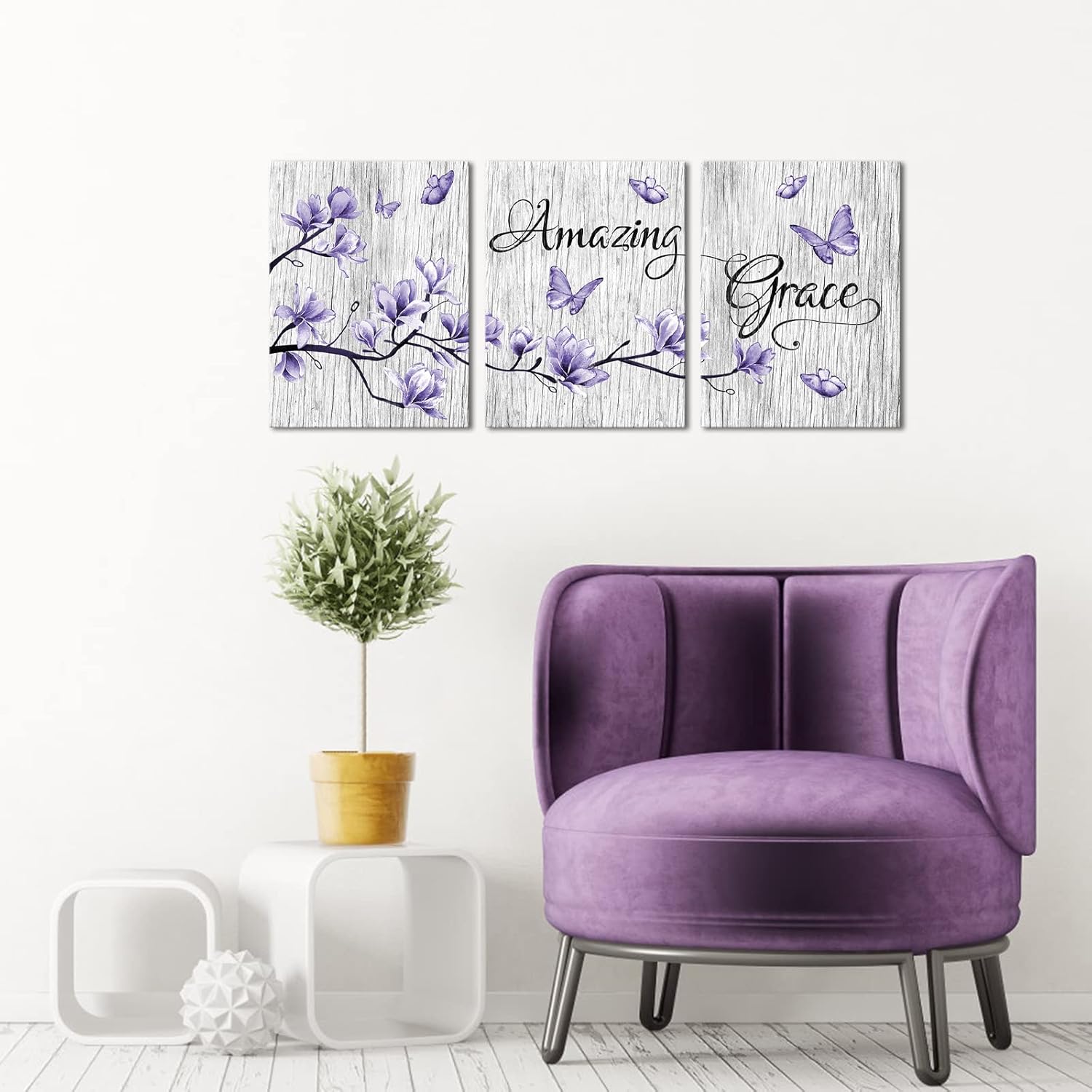 Amazing Grace Abstract Flowers and Butterfly Wall Art - Purple Canvas, Framed Artwork for Bathroom, Bedroom, Home Office Decoration