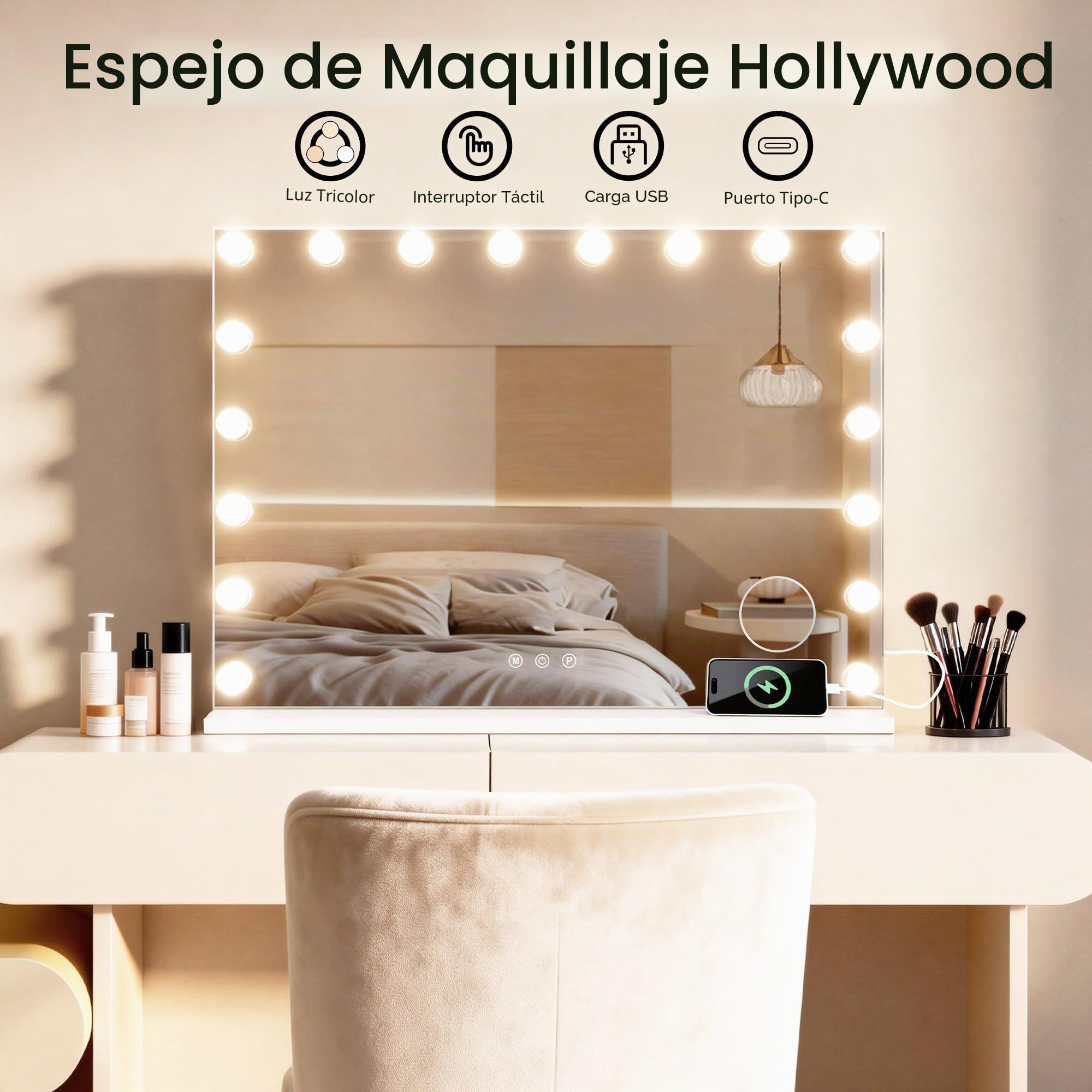 MIQU Espejo Maquillaje con Luz 80x60cm,Espejo Tocador Hollywood con 18 Bombillas LED,3 Modos de Luz,Intensidad Ajustable,con Puerto USB/Type-C,Aumento,Control Táctil,para Mesa o Pared
