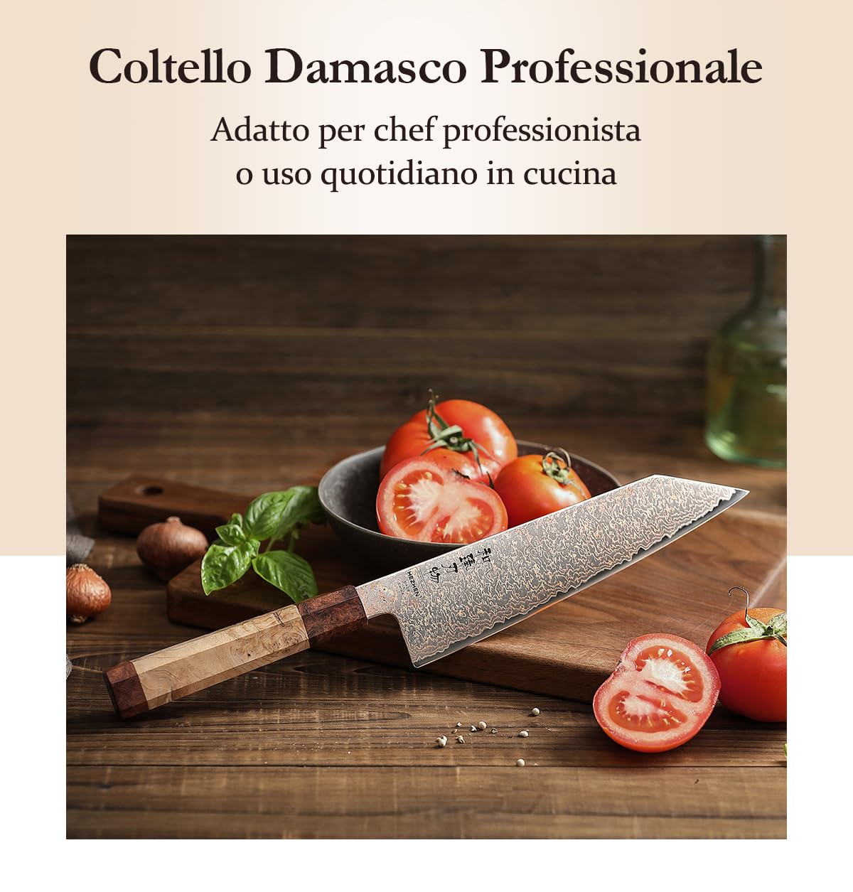 HEZHEN Coltello da Kiritsuke Damasco, Coltello da Cucina in Acciaio Damasco Coltello da Bunka, Manico Ottagonale in Legno