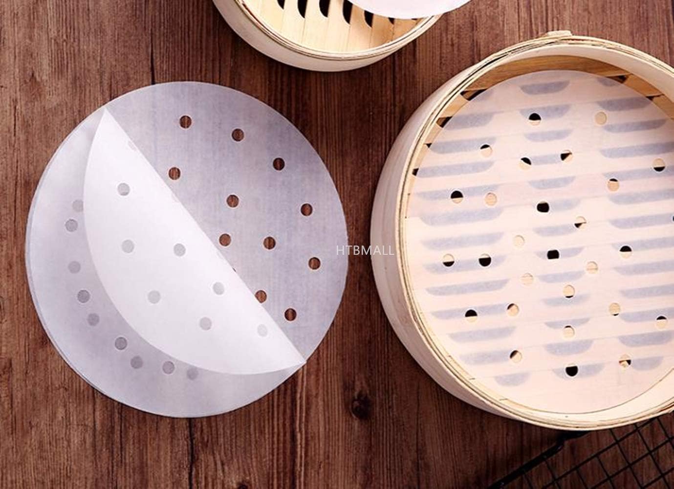 200pcs Air Fryer Liners, 7 inches Bamboo Steamer Liners, Premium Perforated Parchment Steaming Papers, Non-stick Steamer Mat Liner for Air Fryers Baking Cooking Oven