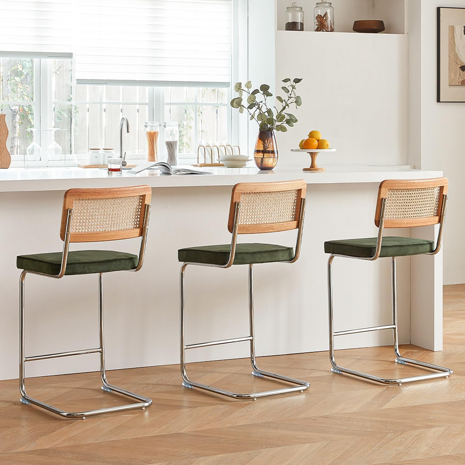 Natural Rattan Bar Stools Set of 3 with Solid Wood Back, 29 Inch Mid Century Modern Counter Height Stools, Green Upholstery Boho Stool for Kitchen Counter with Chrome Metal Legs Green 3PCS-29'' Bar Height Stool