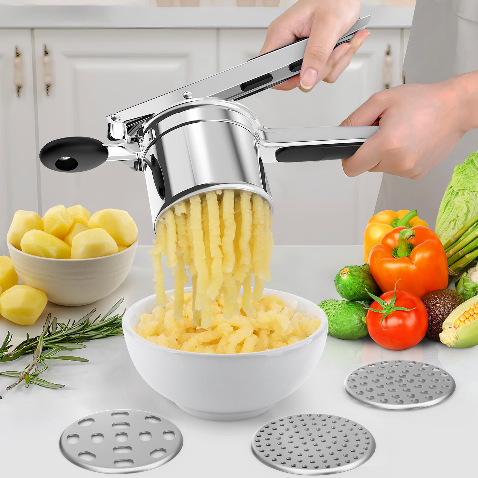 CIRULLI schiacciapatate,schiacciapatate Acciaio inox a tre Maglie Intercambiabili,torchio per Melanzane in Acciaio inox per Preparare Purè di Patate,Puree e Succhi di Verdure lisci come Spremiverdure