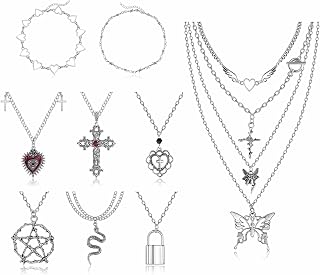 12Pcs Grunge Necklace Set Gothic Goth Grunge Emo Punk Jewelry Silver Cross Thorn Pentagram Love Heart Angel Wing Snake Evil Eye Halloween Necklace for Women Men