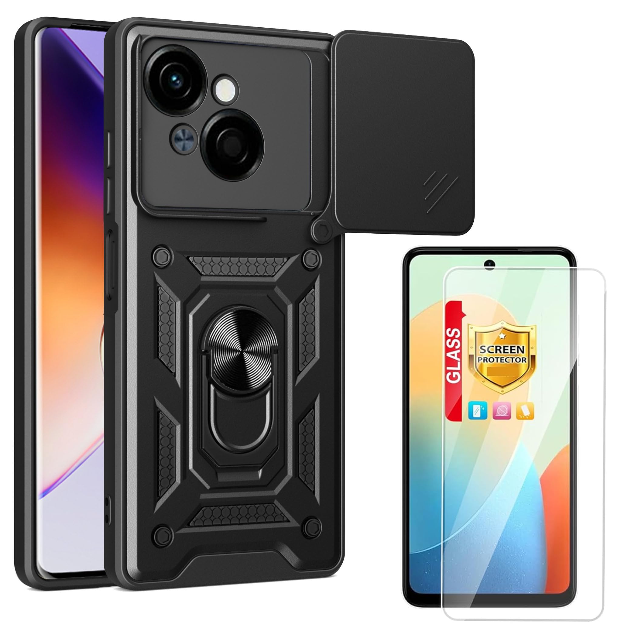 Lucyliy Compatible with Tecno Spark Go 2025/Spark Go 1/Tecno pop 9 4G Phone Case Cover [with Tempered Glass Screen Protector] Black