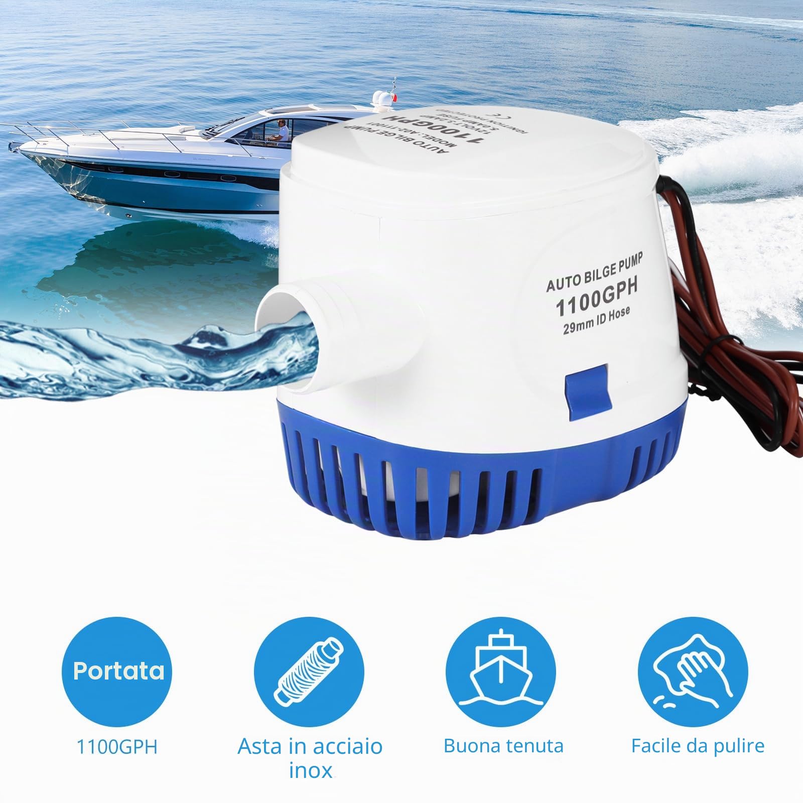 OurLeeme Pompe di Sentina, Pompa di Sentina Automatica 12V 1100GPH Pompa di Sentina Automatica Sommergibile Marina Pompa Acqua Silenziosa Liquida per Barche, Stagni, Piscine