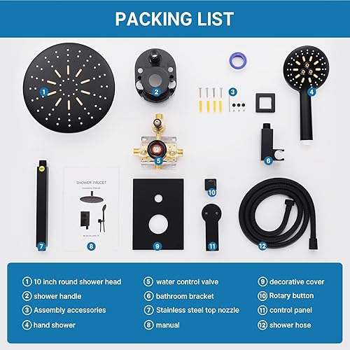 Miniatura 7 de STESSO Juego de grifo de ducha, sistemas de ducha con ducha de lluvia y de mano, cabezal de ducha redondo de 10 pulgadas, ducha de mano de 3