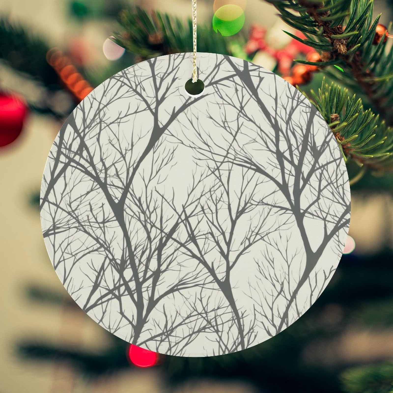Tree Branch Christmas Ornament for Christmas Tree Ceramic Round Ornament Winter Holiday Keepsake Gift 2.7" Christmas Tree Hanging Decorations Circle Ceramic Pendant Xmas Gift