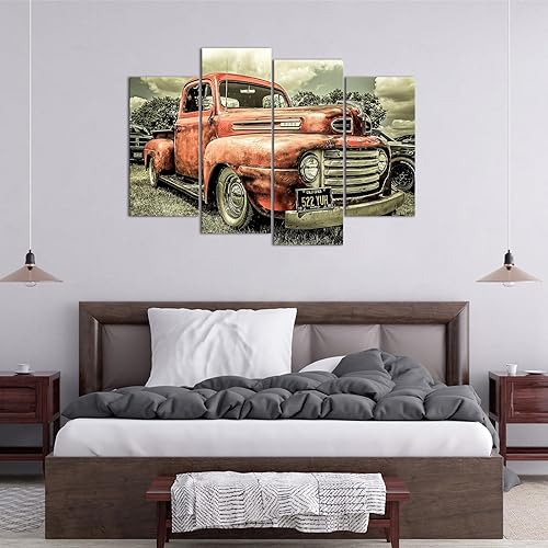 Miniatura 3 de VANSEEING 4 paneles de arte de pared de automóvil clásico en el campo, decoración de pared de camión de metal rojo, póster de lienzo para decoración
