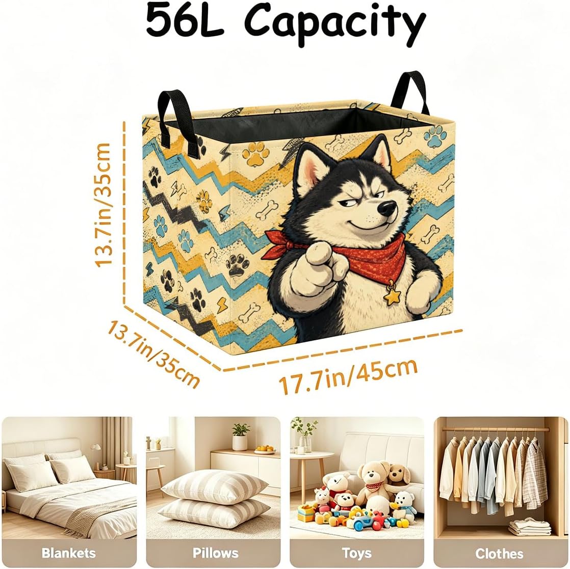 56L Storage Basket with Cool Husky Print Foldable Laundry Hamper image 4