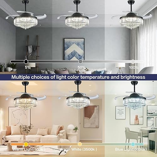 Miniatura 5 de DuMaiWay Candelabro de techo de cristal regulable de 48 pulgadas con control remoto de 6 velocidades, ventiladores retráctiles de 4 aspas para