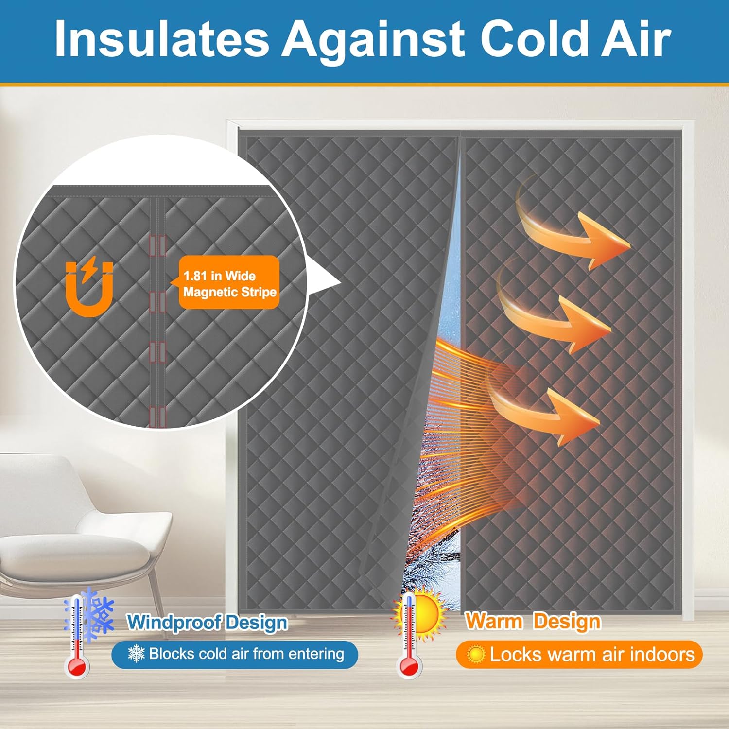 Magnetic Thermal Insulated Door Curtain for 72x80 Inch Door, 74x81 Inch Winter Cover with 5-Layer Oxford Cotton to Keep Cold Out Winter Screen Door,Grey Color