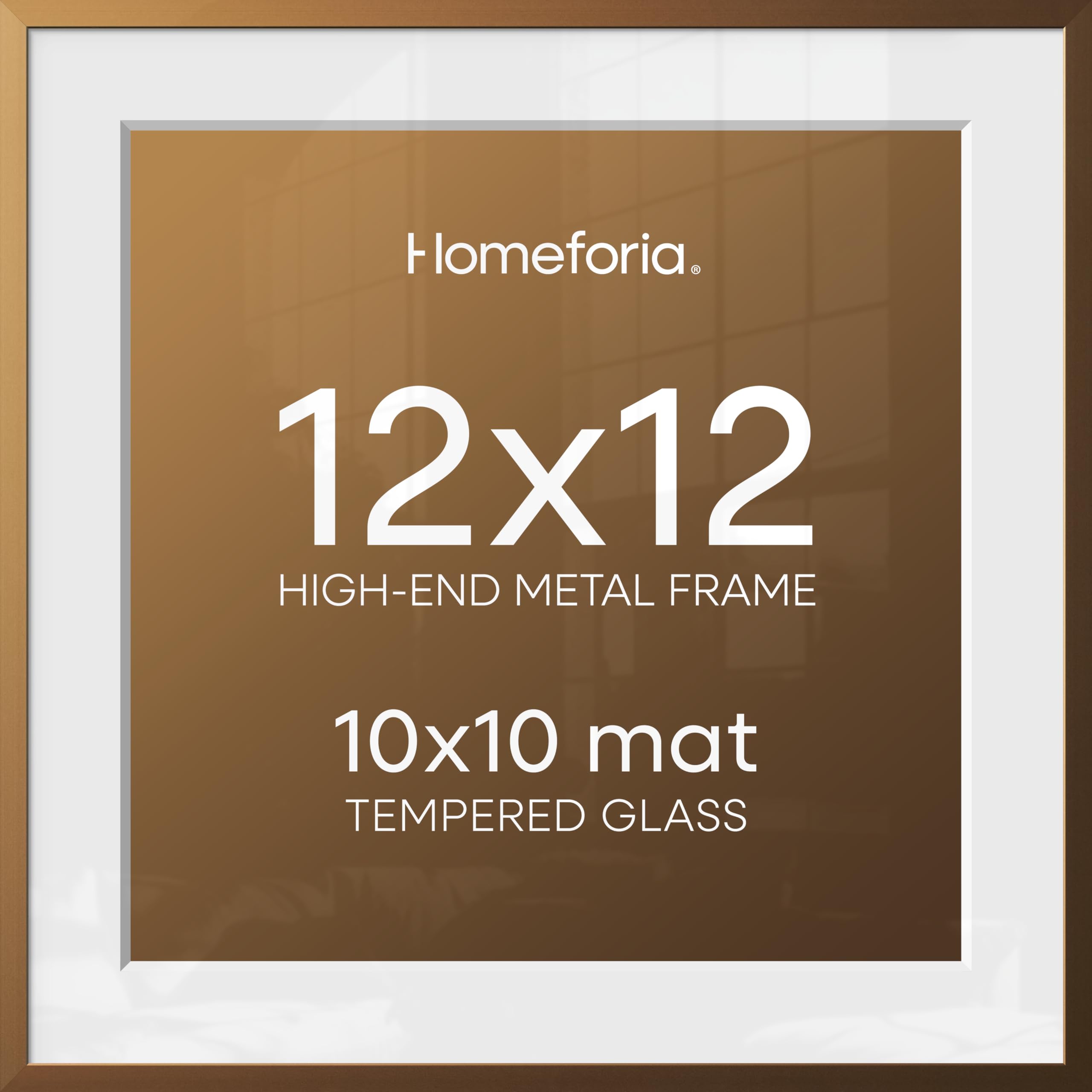 Homeforia 12x12 Bronze Picture Frame, High-End Metal, 10x10 Mat, Glass | High End Aluminum, Tempered Glass, Acid-Free 10x10 Removable Mat, 12x12 in Edge-to-Edge Display 12x12, Wall Kit, Set Of 1