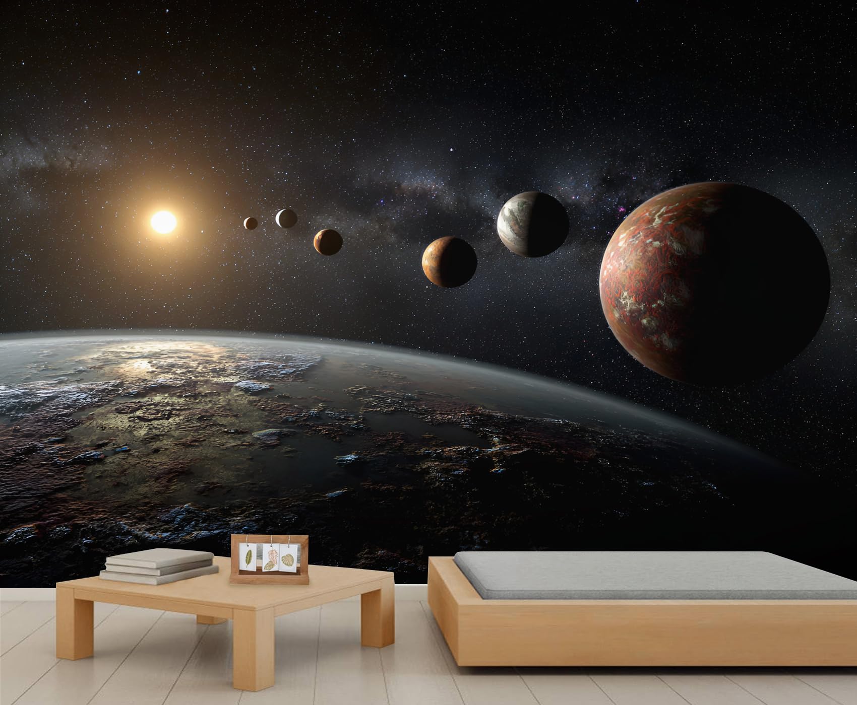 Solar System Planets Wall Mural Cosmic Planets Mural Multi-Planets Wall Art Starry Sky Planet Wallpaper Sci-Fi Cosmic Wallpaper for Bedroom Living Room 390 x 260 cm