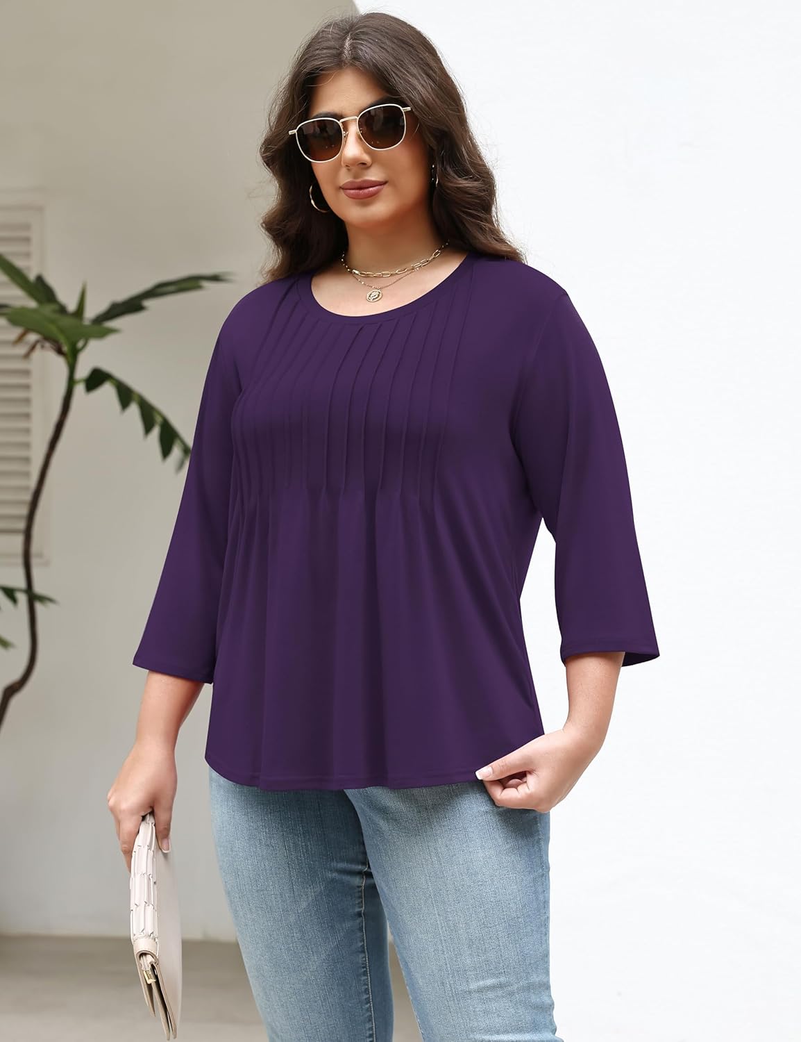 TFSDOD Womens Plus Size Tops 3/4 Length Sleeve Womens Tops Crewneck Pleated Boho Tunic Casual Shirts XL-5X - Image 3