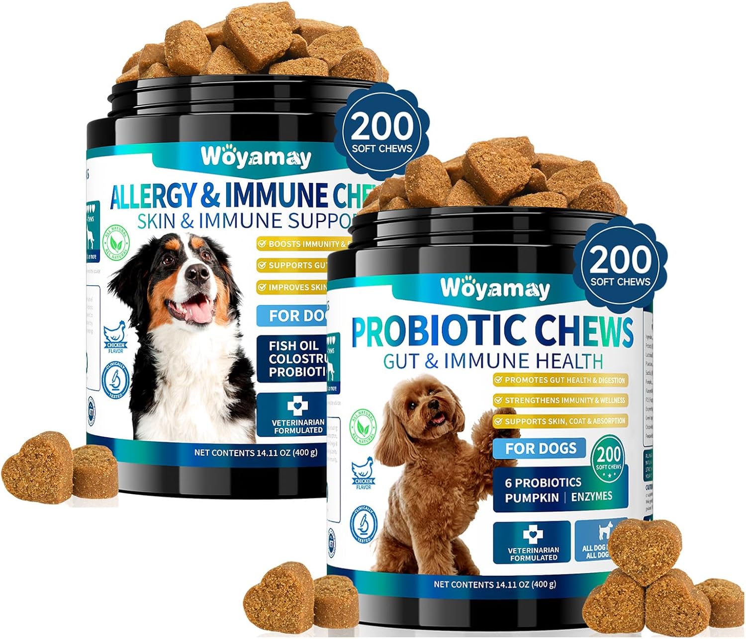 Dual-Action Dog Probiotics & Allergy Relief Chews - 200 Soft Treats for Gut Health, Itchy Skin, Diarrhea & Gas with Probiotics, Omega 3, Turmeric, Colostrum | Immune & Coat Support for Dogs