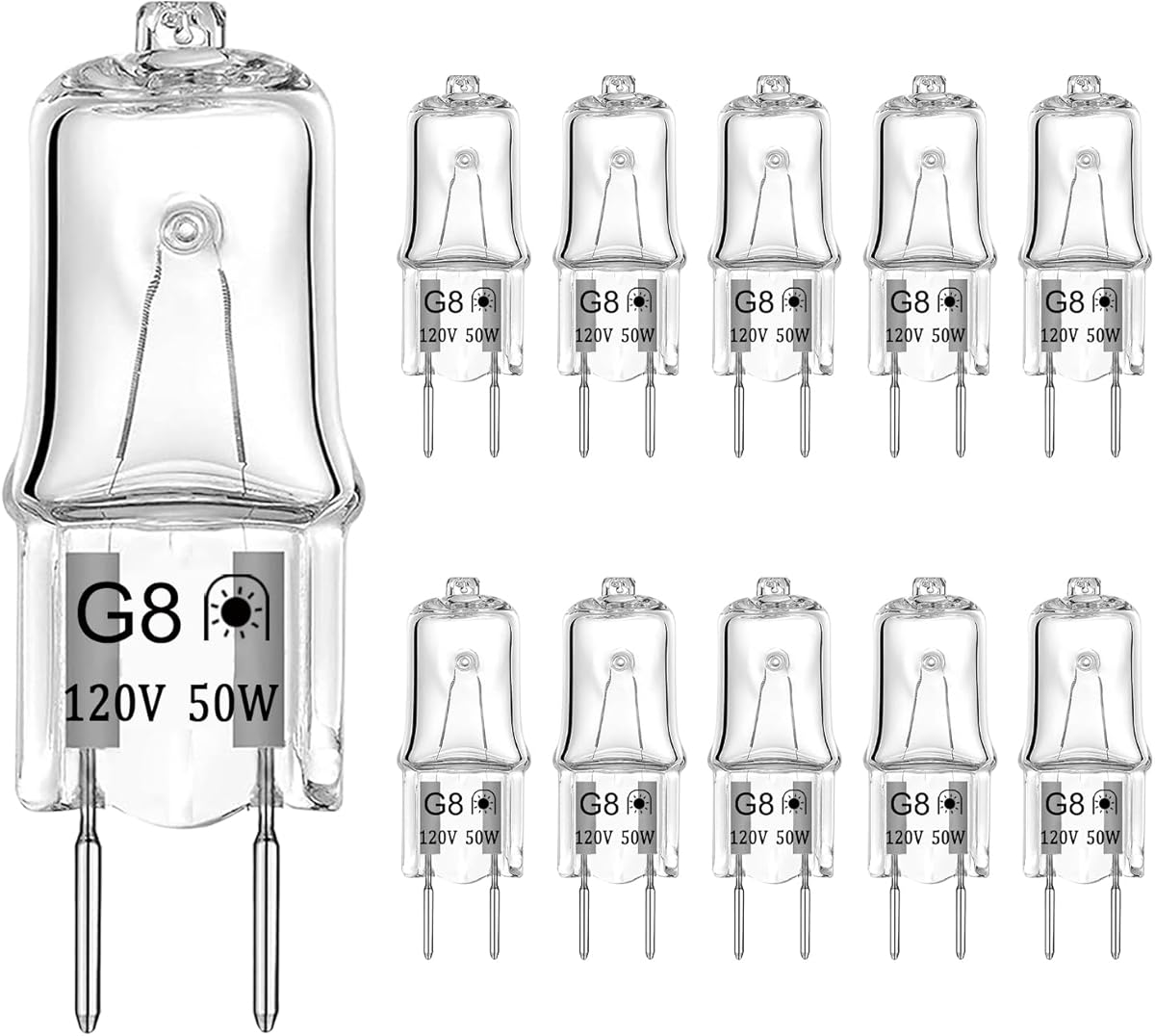 G8 Halogen Light Bulbs 50W 120V G8 Base 2Pin Dimmable Xenon Bulb T4 JCD Type Warm White 2700K for Kitchen Hood, Landscape Lights, Desk and Floor Lamps, Wall Sconces (10 Pack)