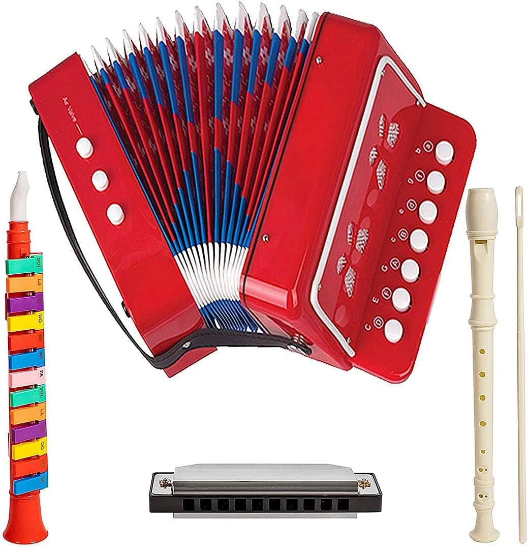 Play Musical Instruments Accordion Toy for Toddler Kids, Boys and Girls Set of 4 Durable Instruments Including Accordion, Harmonica, Piano Horn, and Soprano Descant Recorder