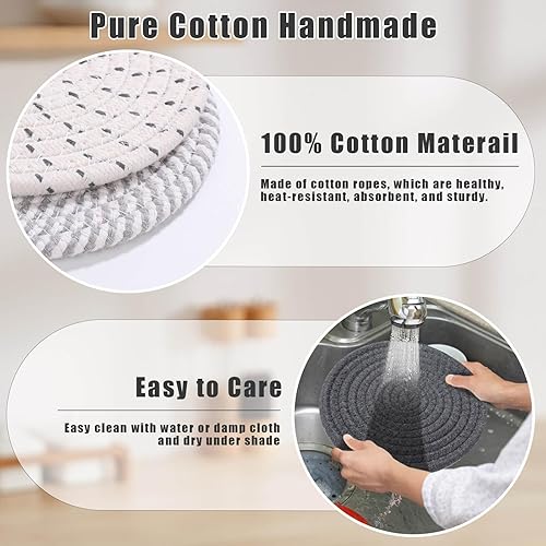 Miniatura 3 de Billbotk Alfombrillas calientes de 7 pulgadas para ollas y sartenes, 4 salvamanteles tejidos con cesta de almacenamiento para platos calientes,