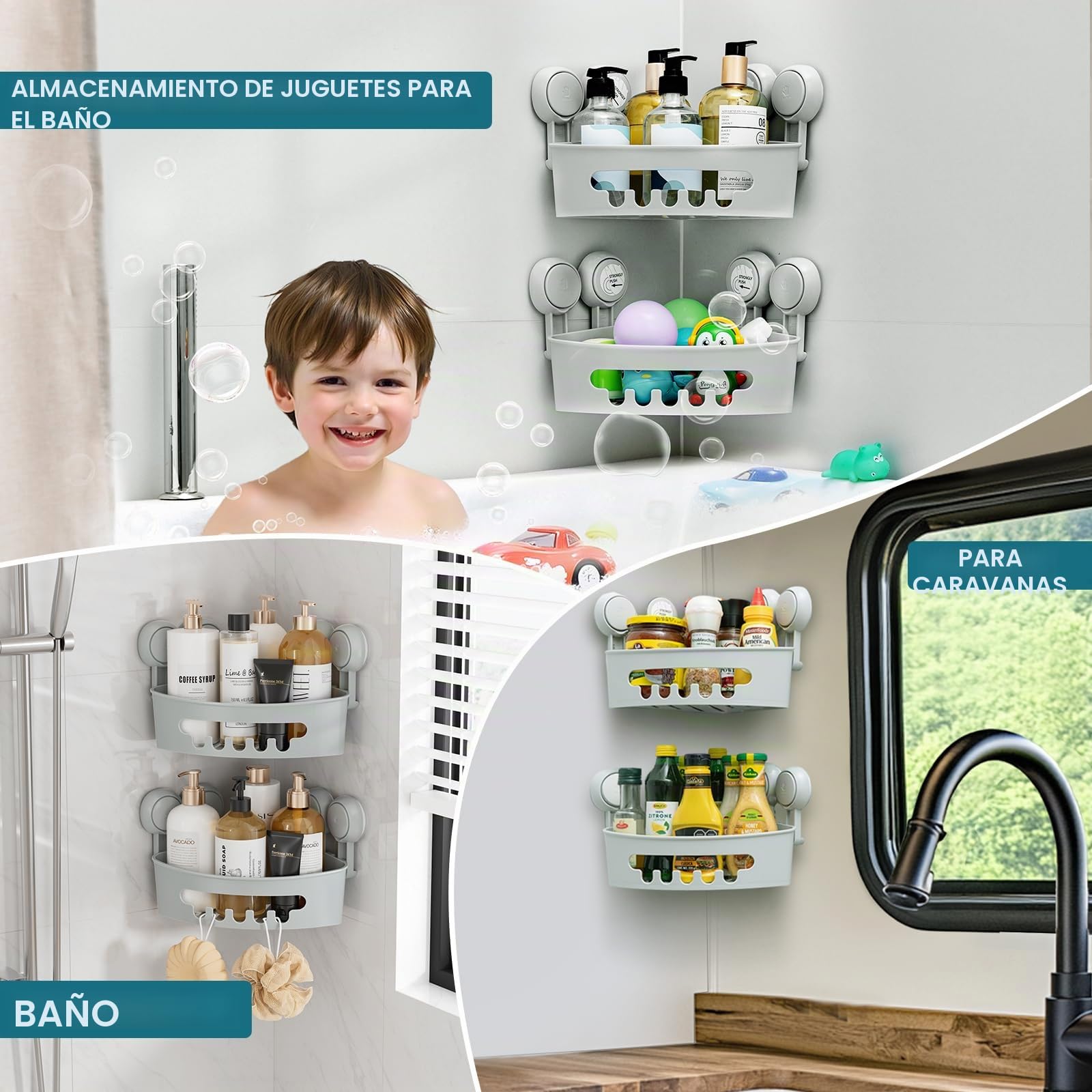 TAILI Estante Ducha Esquina Ventosa Estanteria Ducha Cesta, 2 Pack Gris | Organizador Baño NO-Perforación Canasta de Ducha Desmontable Potente Servicio Pesado Max Hold 10KG Ventosa