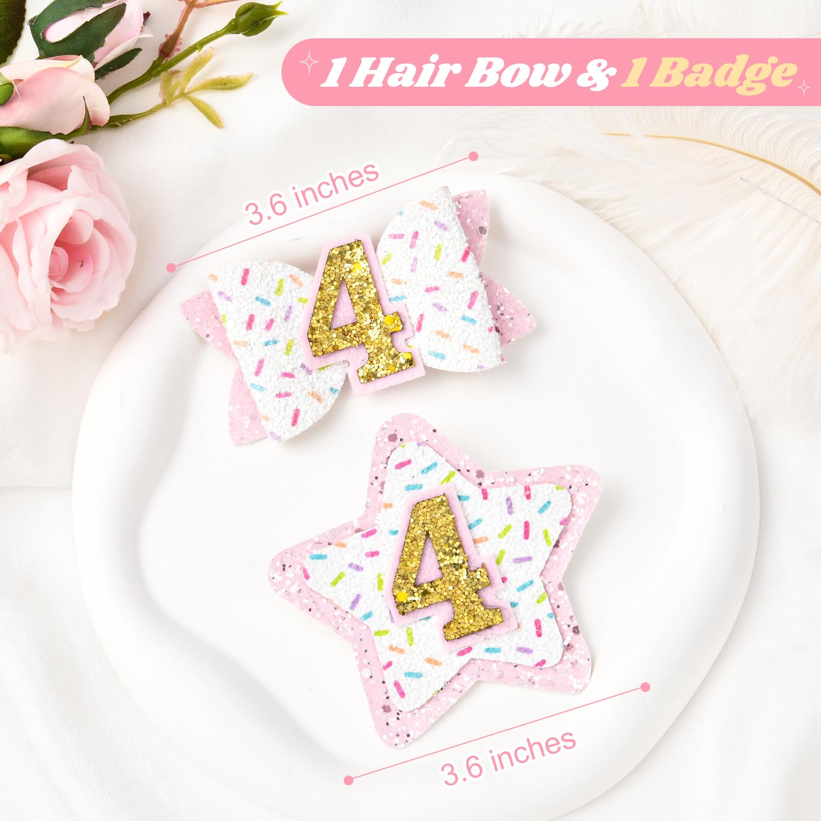 DEEKA 4th Birthday Hair Bow and Badge Set for Girl - Glitter Pink and White Hair Clips for 4 Year Girl Party Decoration - Girls Toddlers Hair Accessories