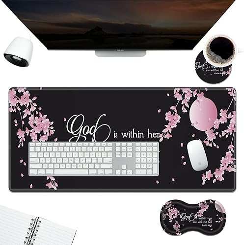 Miniatura 2 de Alfombrilla de escritorio + reposamuñecas + juego de posavasos, alfombrilla duradera de escritorio de oficina de 31.5 x 11.8 pulgadas, alfombrilla