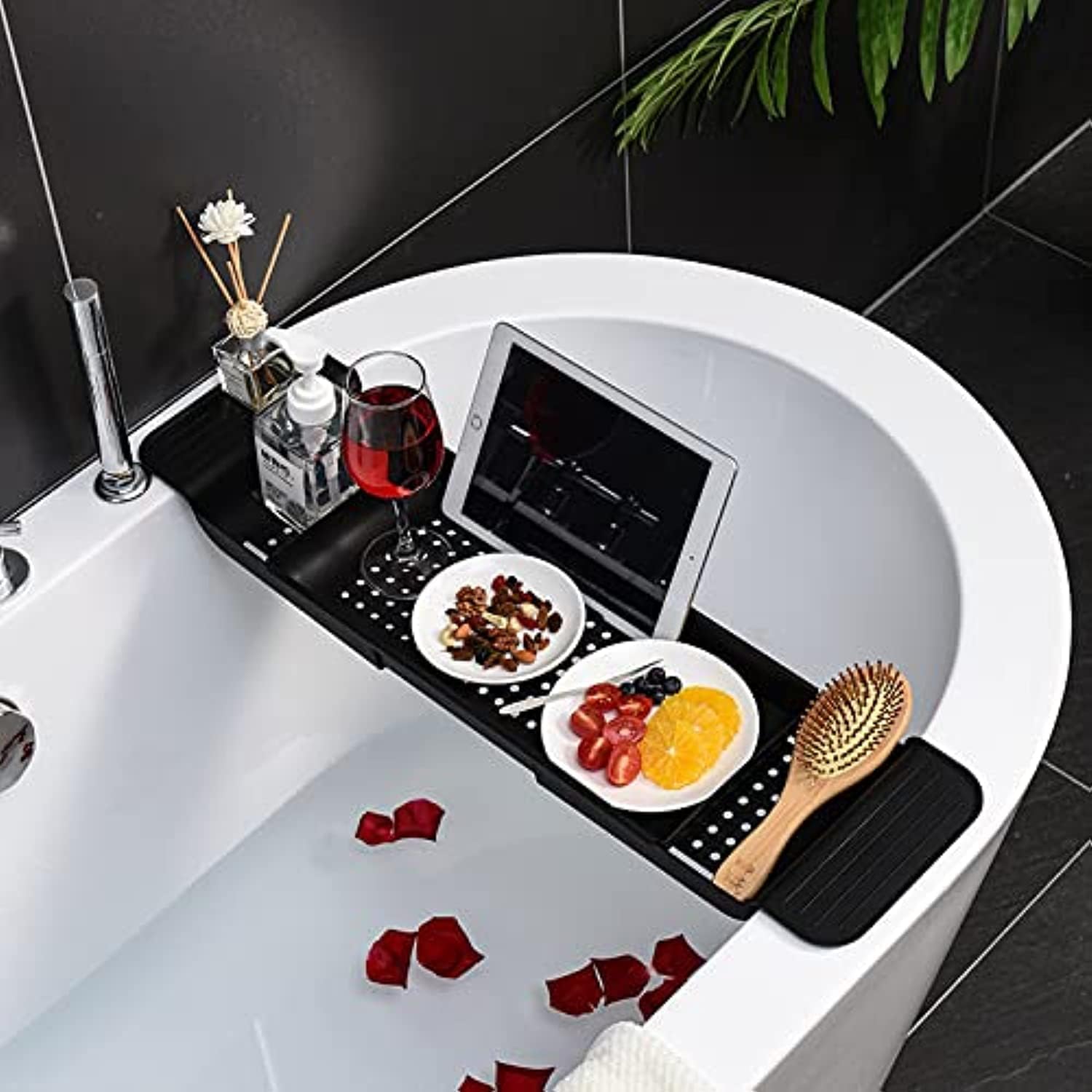WEYSH Expandable Bathtub Tray, Non-Slip Bath Caddy Storage Rack Multifunctional Bathtub Organizer for Phone Pad Books Drinks Shower Accessories (Black)
