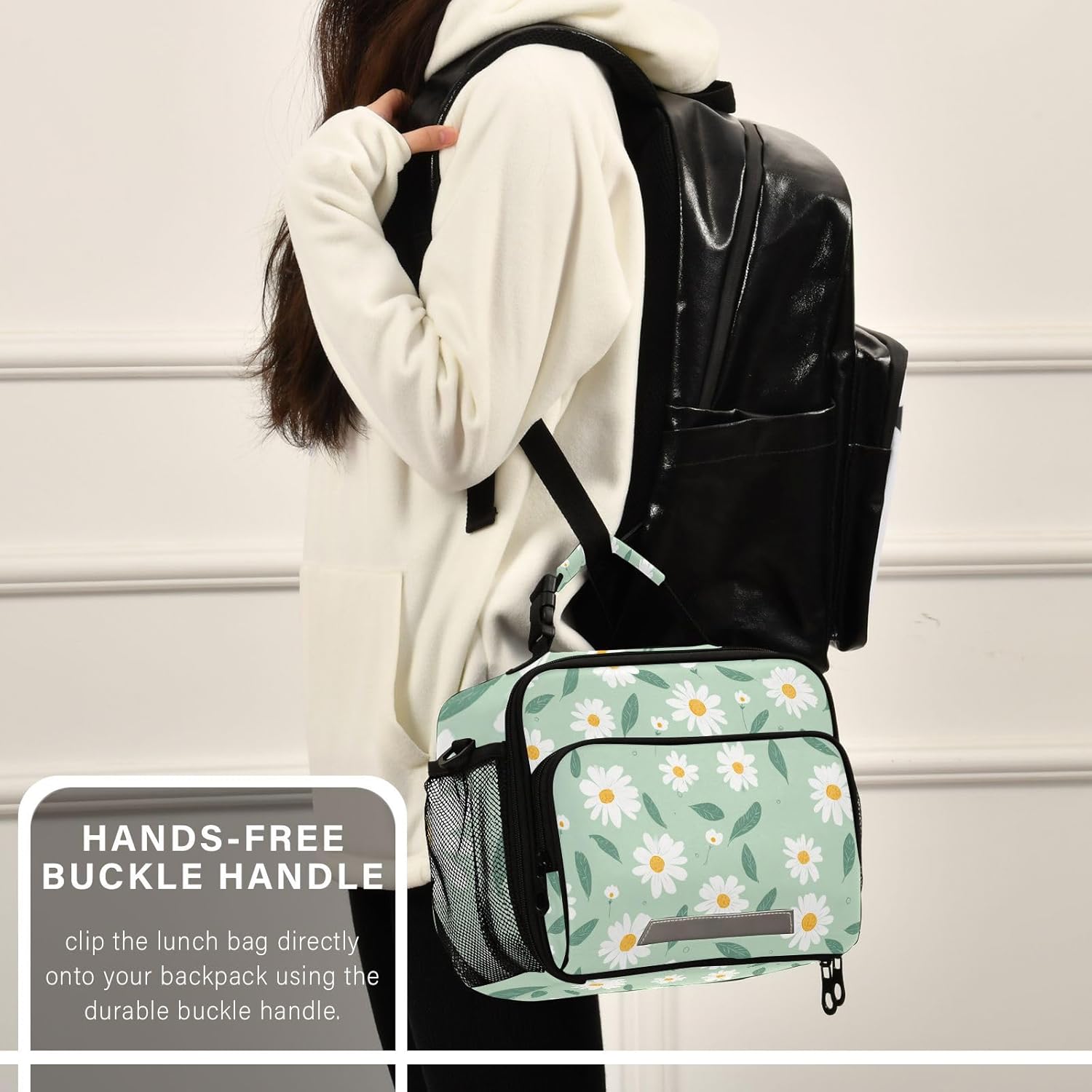Aslsiy Lunch Bag for Women Daisy Flower Field Mint Green Insulated Lunch Box Handbag with Adjustable Shoulder Strap for Office Picnic Travel