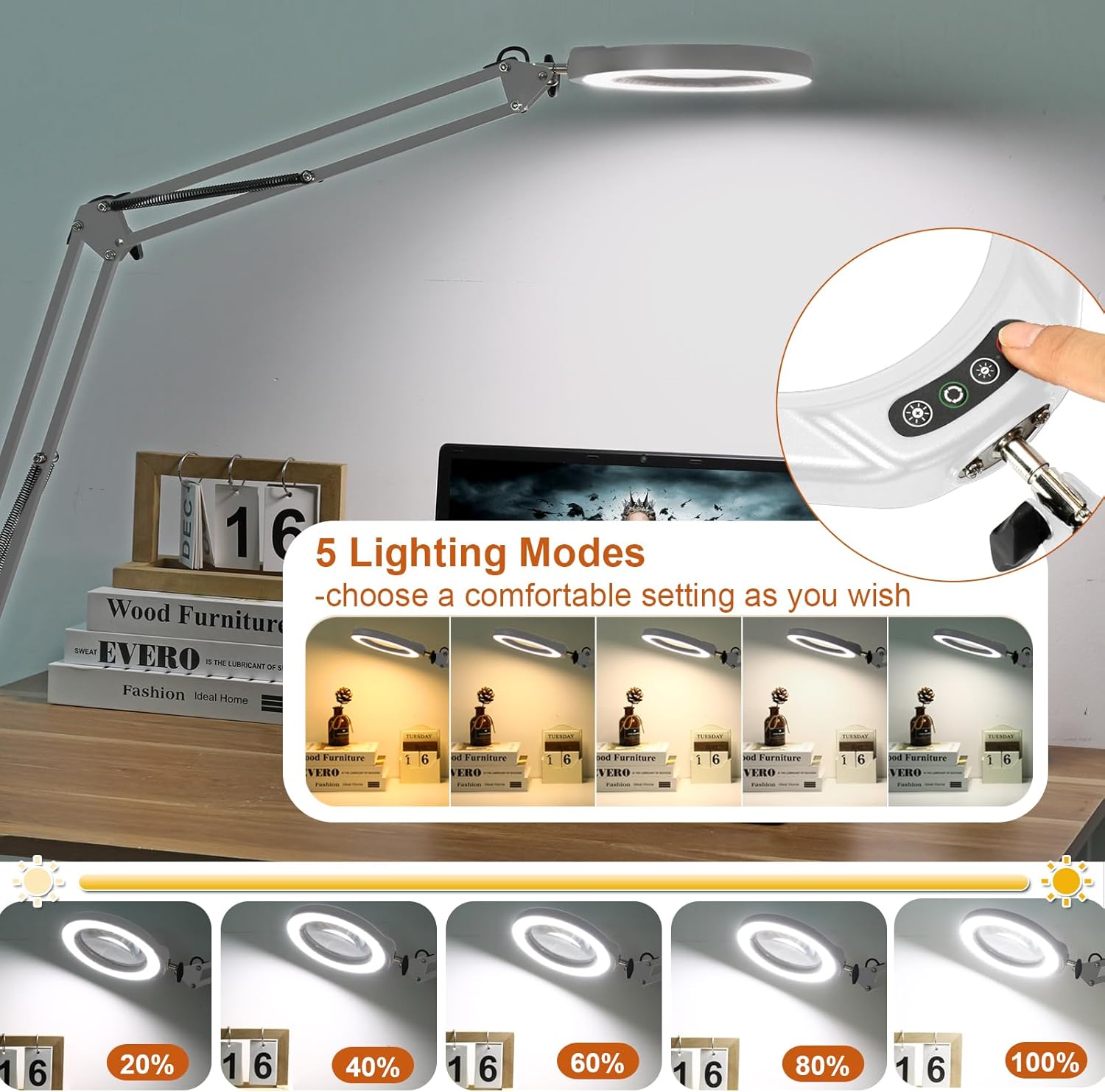 VEEMAGNI 5 Inch Large Real Glass Magnifying Glass with Light and Stand, 5 Color Modes Stepless Dimmable, 2*16 Inch Swivel Arm LED Clamp Desk Lamp, Hands Free 12X Lighted Magnifier for Crafting-White