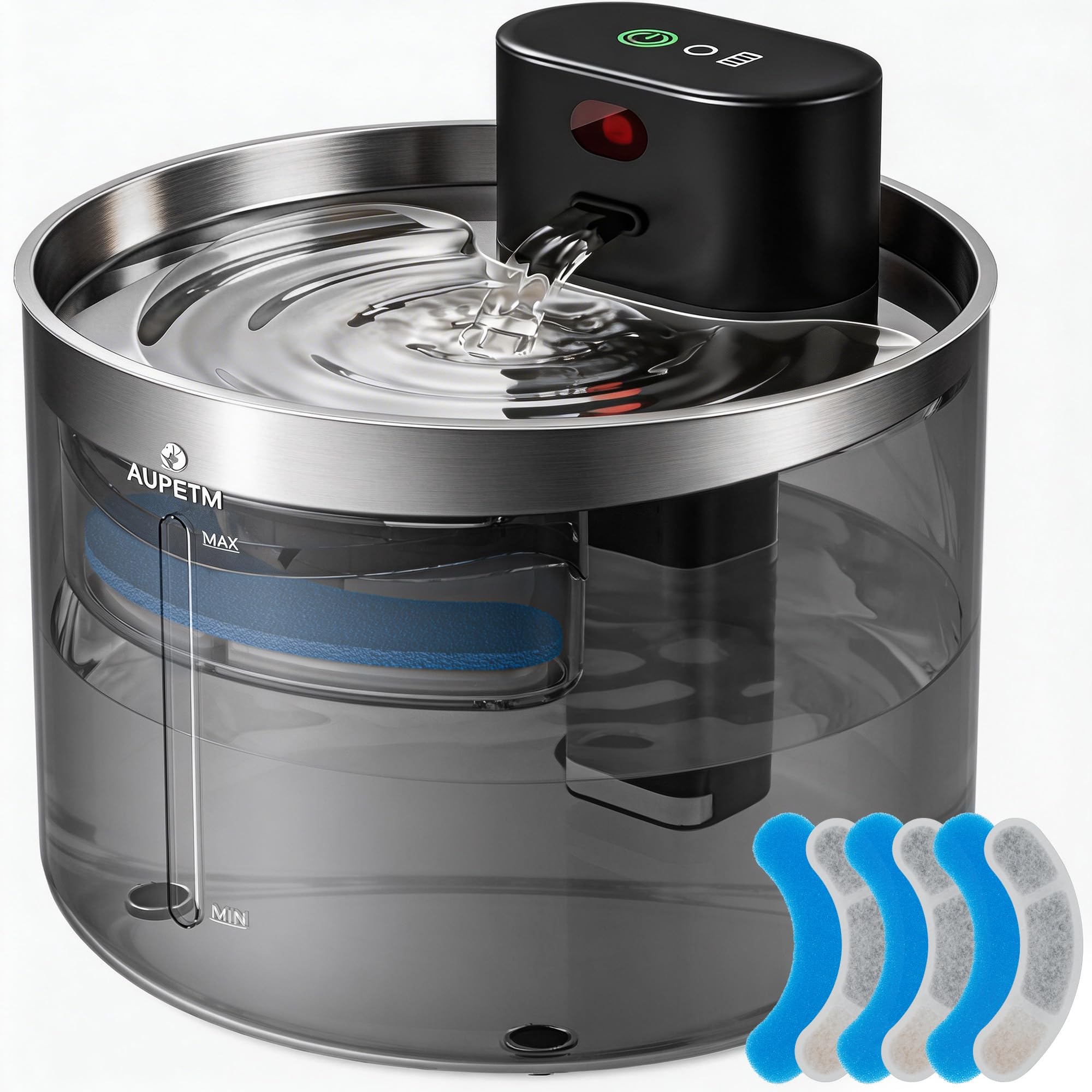 Battery Operated Cat Water Fountain, Wireless Automatic Water Dispenser for Cats & Dogs, 3L/101oz Cordless Pet Water Bowl Fountains with Stainless Steel Tray & Quiet 6-Stage Filter System