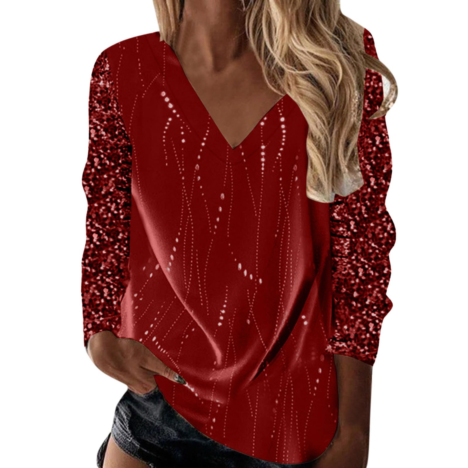 Damen Festliche Blusen Weiß Elegant Sexy Silvester Outfit Pailletten Oberteil Modern Casual mit Glitzer Glitzer Shirt Glitzer Oberteile Große Größen Langarm Tunika Festliche Blusen