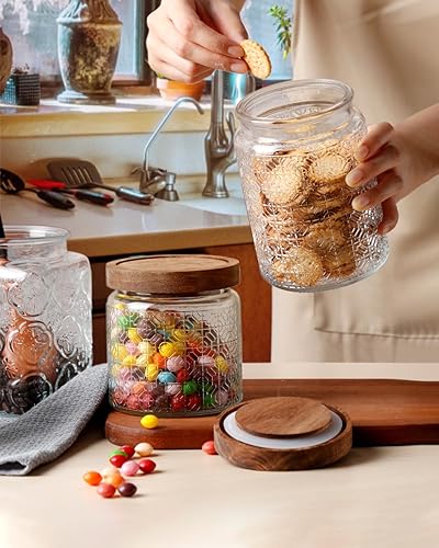 Miniatura 5 de NUTRIUPS Tarros de vidrio con tapas de madera, tarros con tapas, juego de 2 tarros de vidrio vintage (ventana de rejilla)