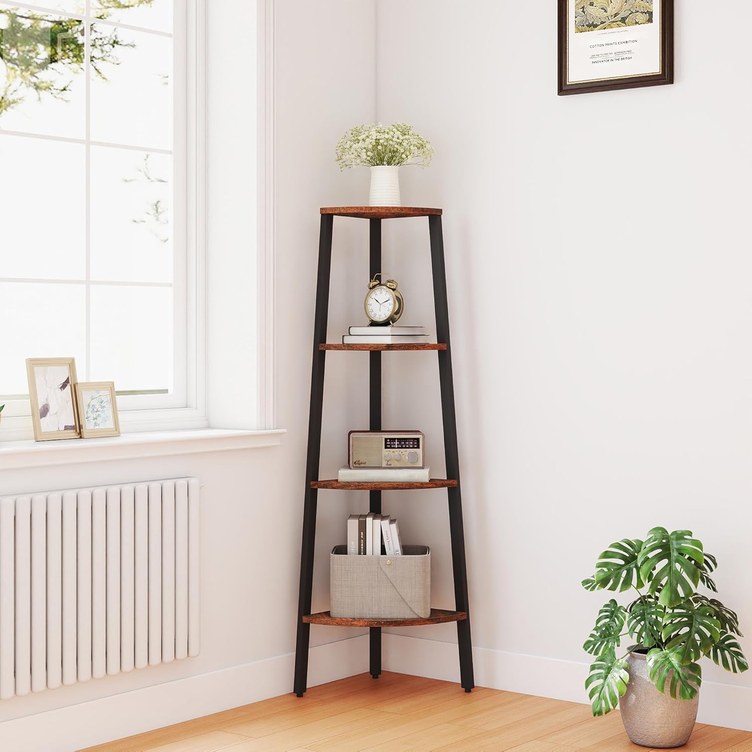 Corner Bookshelf with Sturdy Metal Frame, 4-Tier Multi-Function Storage Shelf & Plant Stand for Living Room, Bedroom, Office, Kitchen - Small Space Organizer, Natural Oak